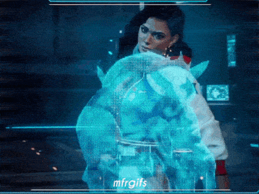 a woman is standing in front of a screen that says ' mfrgifs ' on it