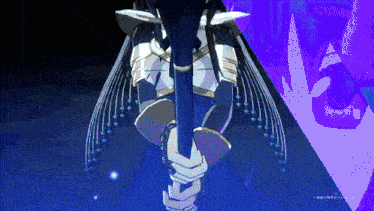 a purple background with a person holding a sword in their hand
