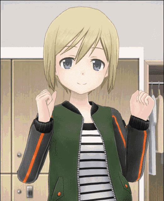 a girl with blonde hair and blue eyes is wearing a green jacket and striped shirt