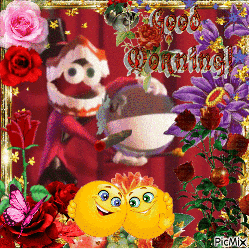 a picture with smiley faces that says good morning on it
