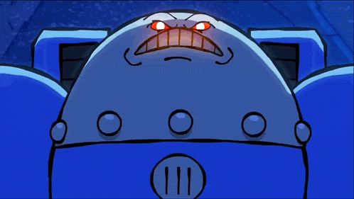 a black and white drawing of a robot with a big face .