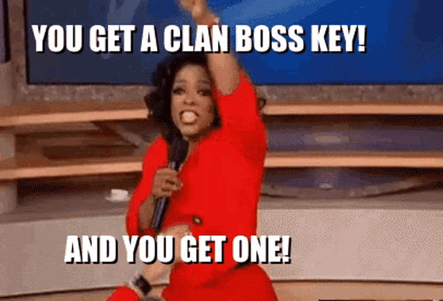 a woman in a red dress is holding a microphone and says " you get a clan boss key and you get one "