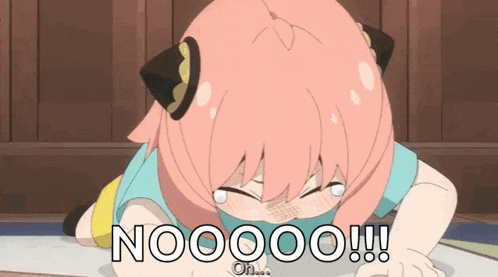 a girl with pink hair is kneeling down and crying with the words nooooo on the bottom .