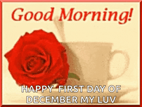 a picture of a red rose next to a cup of coffee with the words good morning happy first day of december my luv
