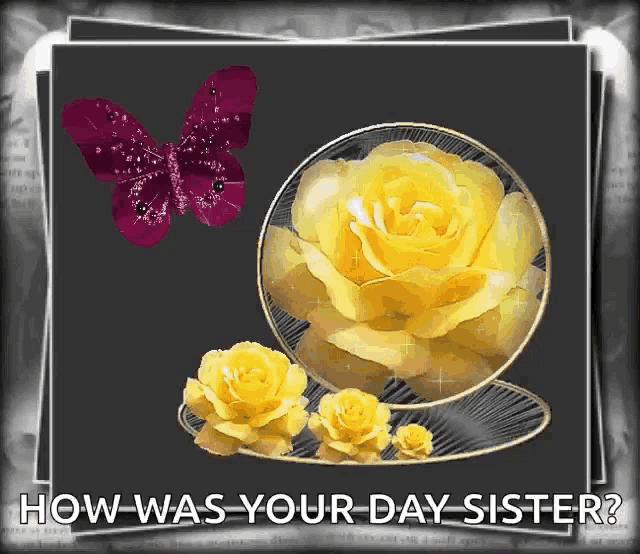 a picture of yellow roses and a purple butterfly with the words how was your day sister