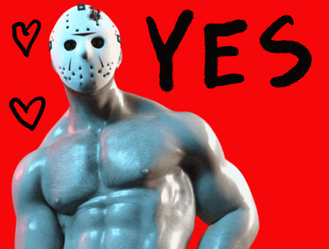 a man in a hockey mask is standing in front of a red background with the word yes written on it