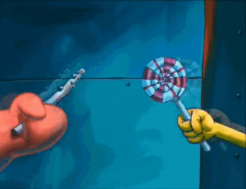 patrick star from spongebob squarepants is holding a lollipop and a knife .
