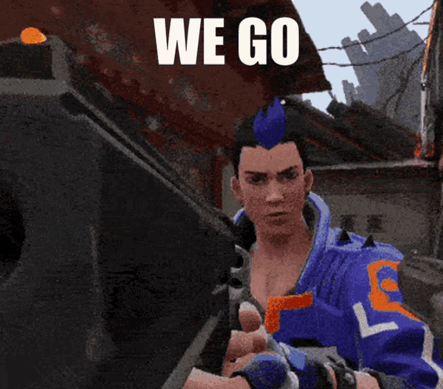 a man with a blue mohawk is holding a gun in front of a sign that says " we go "