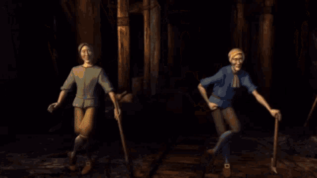 a man in a blue shirt is holding a shovel in the air