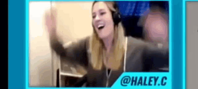 a woman wearing headphones is smiling in a blue frame with the name haley.c on it