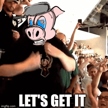 a group of people with a pig on their head and the words let 's get it below them
