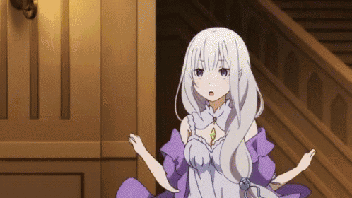 a girl with white hair and a purple dress is standing in front of a staircase .