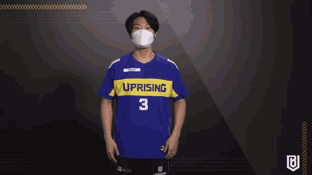 a man wearing a mask and a blue jersey with the number 3 on it