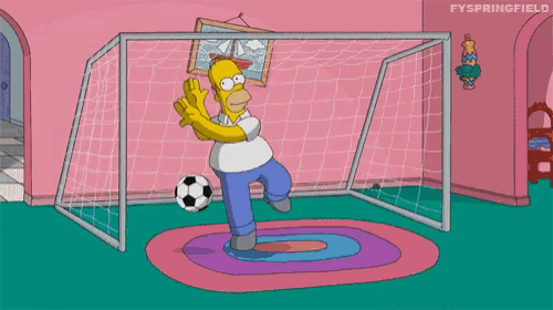 a cartoon of homer simpson kicking a soccer ball in a goal