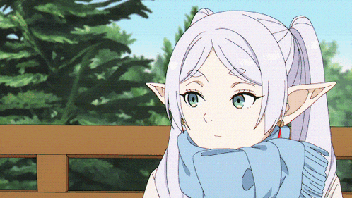 a girl with white hair and green eyes is wearing a blue scarf