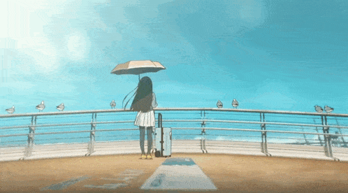 a girl holding an umbrella stands on a balcony with seagulls