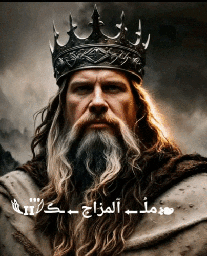 a man with long hair and a beard wearing a black crown