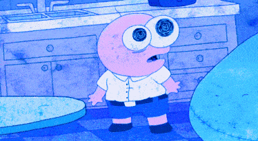 a cartoon character with big eyes standing in front of a sink