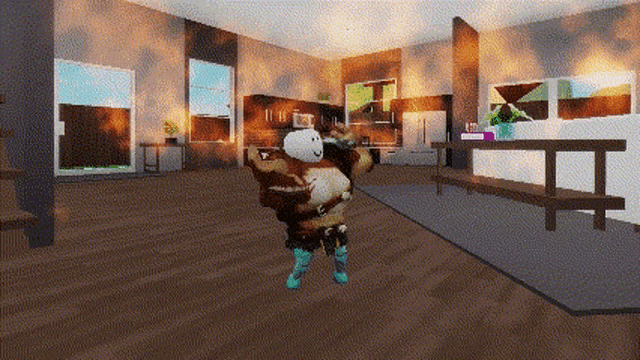 a roblox character is standing in a living room in a house holding a stuffed animal .