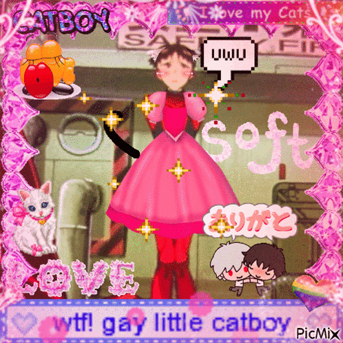 a picture of a girl in a pink dress with a speech bubble saying uwu