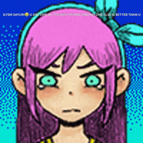 a drawing of a girl with pink hair and green eyes with the words illysm sayuri u are one of the best people