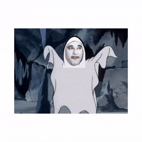 a cartoon drawing of a man in a white ghost costume