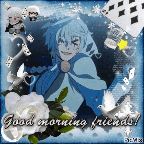 a picture of a boy with the words " good morning friends " on the bottom