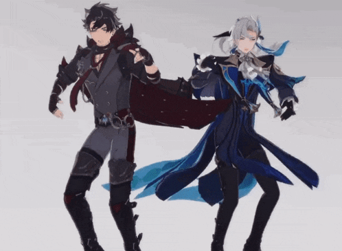 two anime characters are standing next to each other and one is wearing a red cape