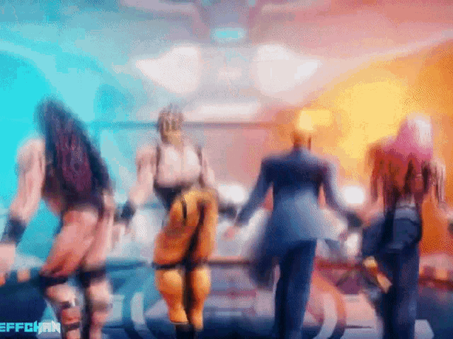 a group of people are dancing in a room with the words effect on the bottom