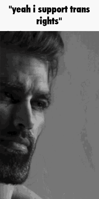 a black and white photo of a man with a beard and the caption " yeah i support trans rights " .