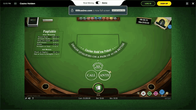 a screenshot of a casino hold em poker game being played on 888casino.com