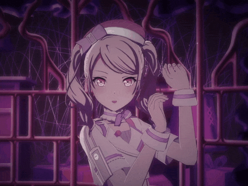 a girl in a nurse outfit has the letter m on her head