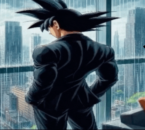 a man in a suit is standing in front of a window with a city in the background