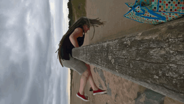 a woman with dreadlocks is standing on a wooden post on the beach