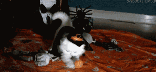a black and white cat is playing with a stuffed spider