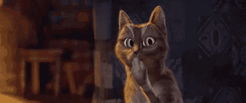 a cat with a surprised look on its face is covering its mouth with its paw .