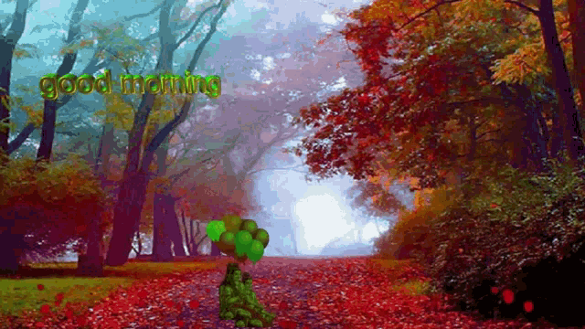 a painting of a forest with the words " good morning " on the bottom