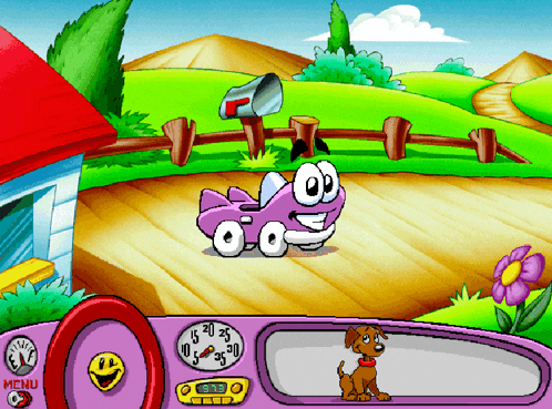 a cartoon drawing of a car with a dog and a mailbox in the background