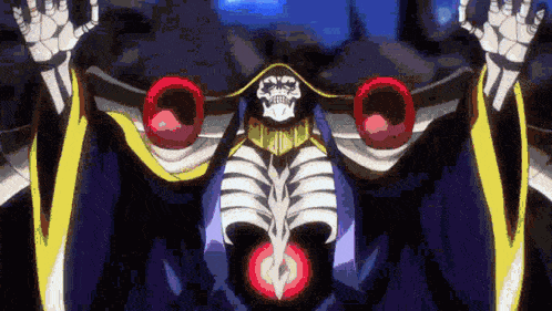 a skeleton is standing in the dark with his arms outstretched and a red light coming out of his chest .