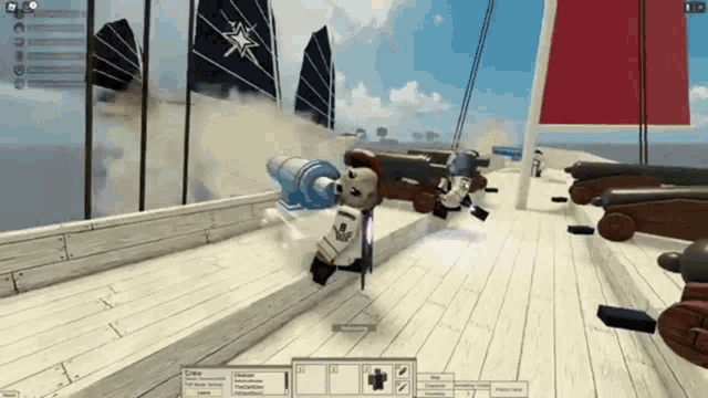 a video game is being played on a wooden deck with cannons and flags in the background