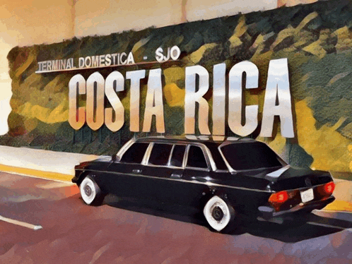 a painting of a car in front of a sign that says costa rica