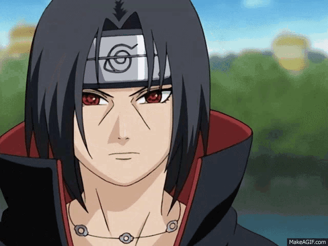 a close up of a cartoon character with red eyes and a headband