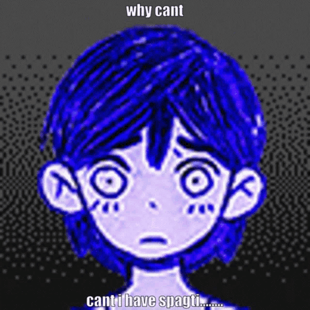 a drawing of a girl with blue hair and a caption that says why cant canti have spaghetti