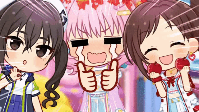 three anime girls are standing next to each other and one of them is crying