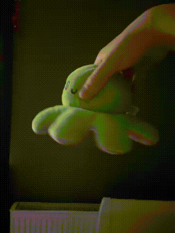 a person is holding a green stuffed animal .