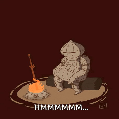 a cartoon of a knight sitting next to a campfire with the words hmmmmmm written below him