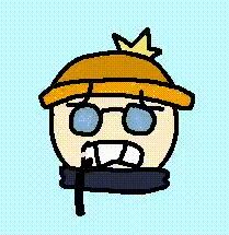 a pixel art drawing of a man wearing glasses and a hat with a crown on it .