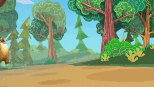 a cartoon bear is running through a forest with trees and bushes .