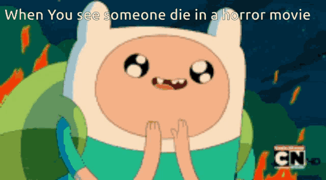 a cartoon character with the words " when you see someone die in a horror movie " on the bottom
