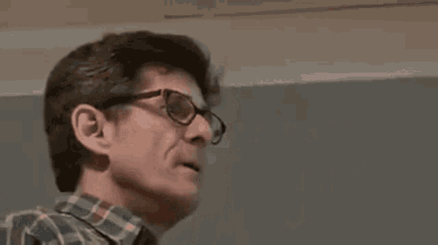 a man wearing glasses and a plaid shirt is talking to someone .